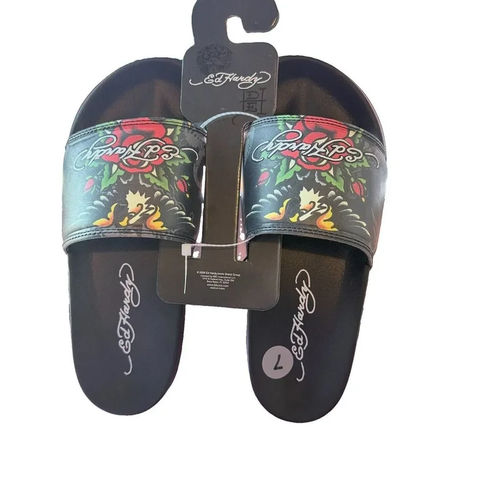 Ed Hardy Eagle-Roses-Tattoo Black Slides/Flip-Flops Size 7 NWT